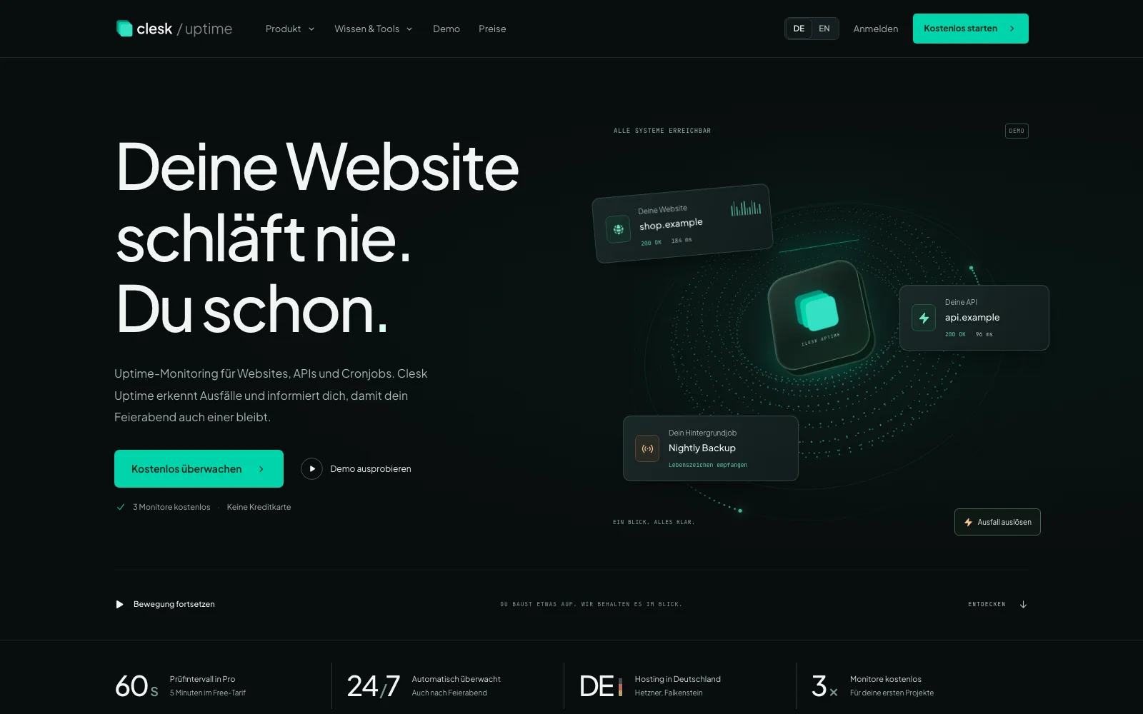 Clesk Uptime: Screenshot der Website